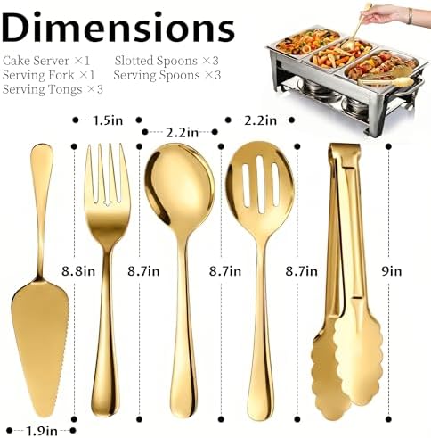 11PCS Stainless Steel Gold Serving Utensils, 8.7''Serving Spoons,8.7''Slotted Spoons, Serving Fork, 9'' Serving, alternate