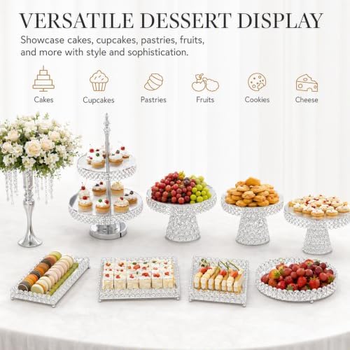 11PCS Wedding Cake Stands Set, Rectangular and Round Glass Cupcake Holder, Silver Crystal Dessert Display Stands, alternate