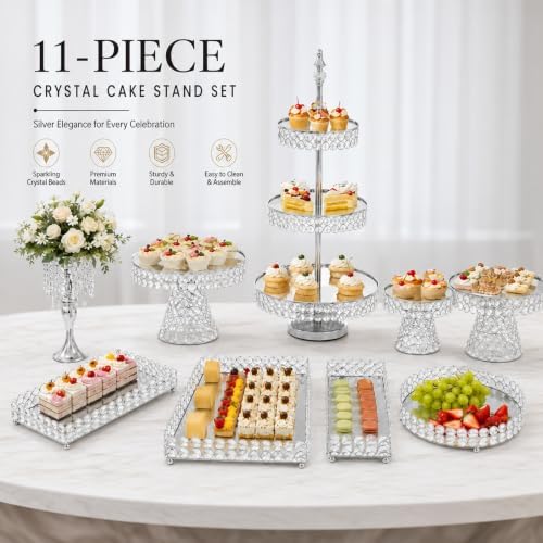 11PCS Wedding Cake Stands Set, Rectangular and Round Glass Cupcake Holder, Silver Crystal Dessert Display Stands, alternate