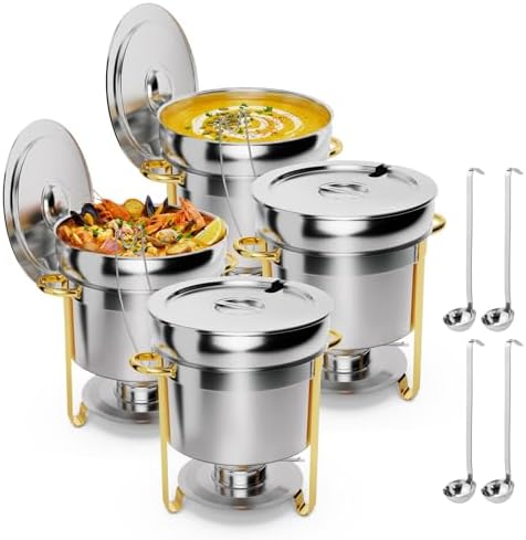 11QT Soup Chafer for Buffet 4 Pack,100% Pre-Installed Stainless Steel Round Soup Warmer with Upgraded Lid Holder
