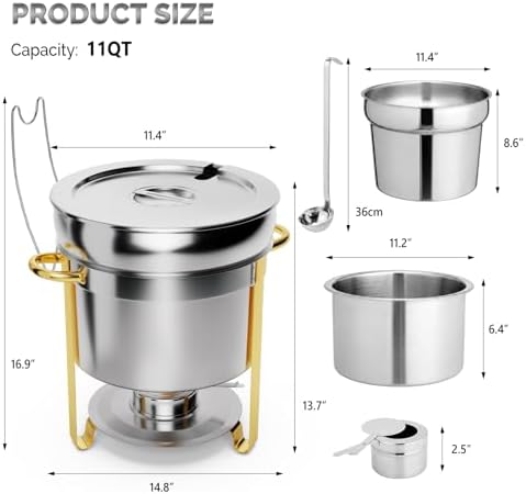 11QT Soup Chafer for Buffet 4 Pack,100% Pre-Installed Stainless Steel Round Soup Warmer with Upgraded Lid Holder, alternate