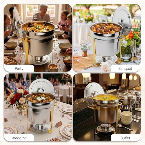 11QT Soup Chafer for Buffet 4 Pack,100% Pre-Installed Stainless Steel Round Soup Warmer with Upgraded Lid Holder, alternate