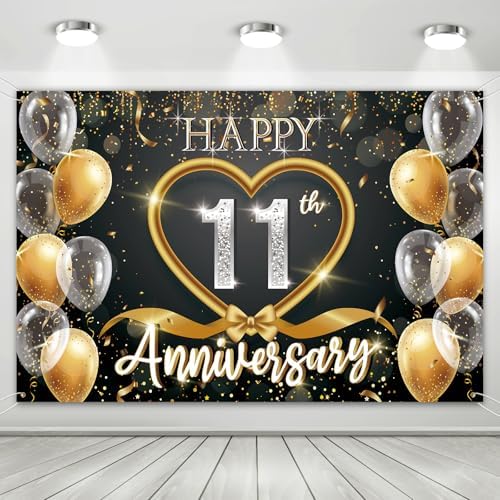 11th Anniversary Backdrop, Black Gold 11 Year Wedding Anniversary Decorations Banner, Happy 11th Anniversary