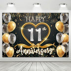 11th Anniversary Backdrop, Black Gold 11 Year Wedding Anniversary Decorations Banner, Happy 11th Anniversary
