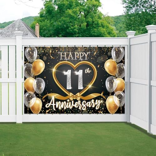 11th Anniversary Backdrop, Black Gold 11 Year Wedding Anniversary Decorations Banner, Happy 11th Anniversary, alternate view