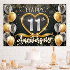 11th Anniversary Backdrop, Black Gold 11 Year Wedding Anniversary Decorations Banner, Happy 11th Anniversary, alternate view