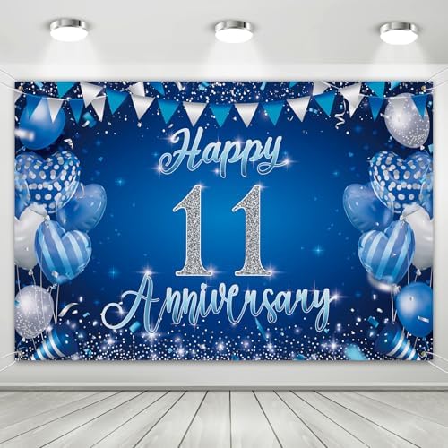 11th Anniversary Backdrop, Blue & Silver Happy 11th Wedding Anniversary Photo Background Wall Decor, Couples