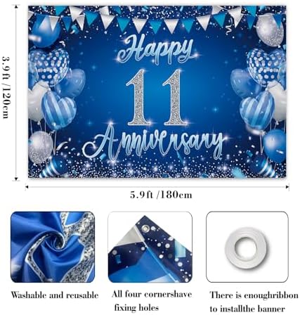 11th Anniversary Backdrop, Blue & Silver Happy 11th Wedding Anniversary Photo Background Wall Decor, Couples, alternate view