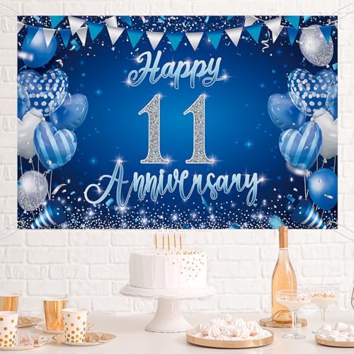 11th Anniversary Backdrop, Blue & Silver Happy 11th Wedding Anniversary Photo Background Wall Decor, Couples, alternate view