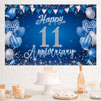 11th Anniversary Backdrop, Blue & Silver Happy 11th Wedding Anniversary Photo Background Wall Decor, Couples, alternate view