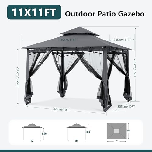 11x11 ft Heavy Duty Patio Gazebo with Netting Walls, Dark Gray in 11x11 ft in Dark Gray, alternate view 3