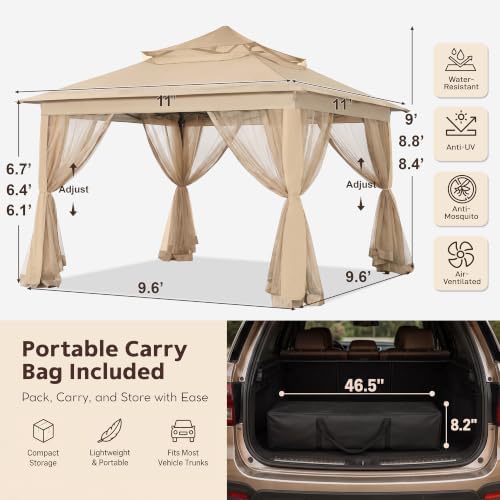 11x11 ft Pop Up Gazebo with Netting Screen Walls, Khaki in 11x11 ft in Khaki, alternate view 2