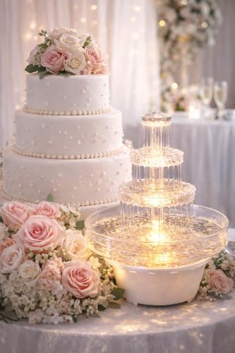 12.5" Lighted Wedding Cake Water Fountain - Clear 3-Tier Decorative Cake Centerpiece Fountain, 10" Wide, Plug-in, alternate