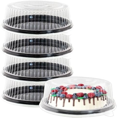 12" [5 Pack] Round Cake Pies Carriers, Black Serving Tray with Clear Lid, Disposable Cake Containers with Dome