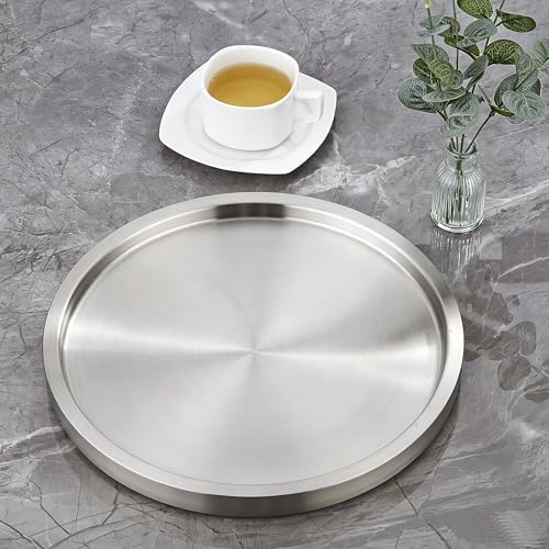 12.5" Silver Round Serving Tray, Double Wall Stainless Steel in Silver-12.5" Round, alternate view 2