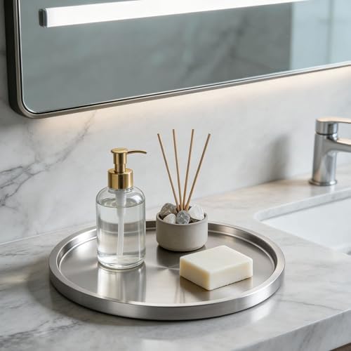 12.5" Silver Round Serving Tray, Double Wall Stainless Steel in Silver-12.5" Round, alternate view 6