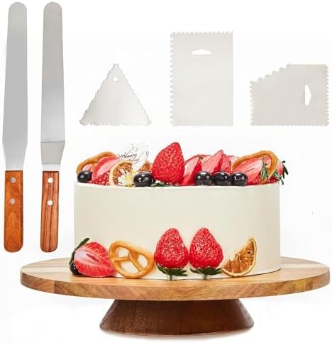 12" Acacia Wood Revolving Cake Stand, Wooden Rotating Display Stand for Cake in Natural Wood