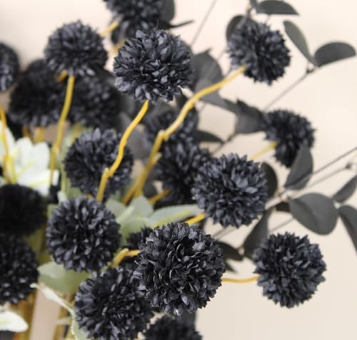 12 Black Artificial Flowers & Eucalyptus Long Stems, Halloween Decor, alternate view 4
