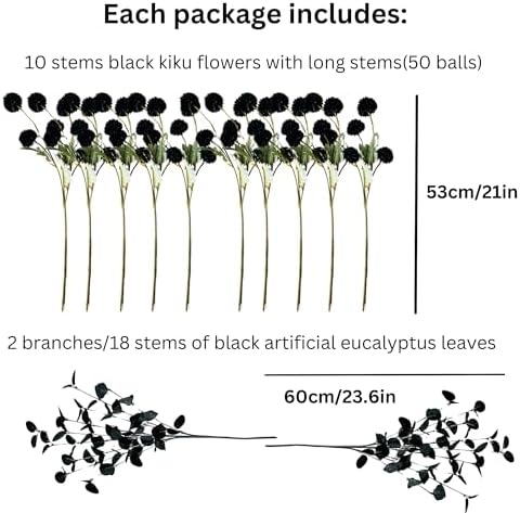 12 Black Artificial Flowers & Eucalyptus Long Stems, Halloween Decor, alternate view 6