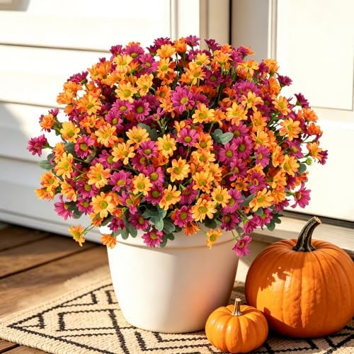12 Bundles Fall Flowers Artificial, UV Resistant Faux Mums for Outdoors