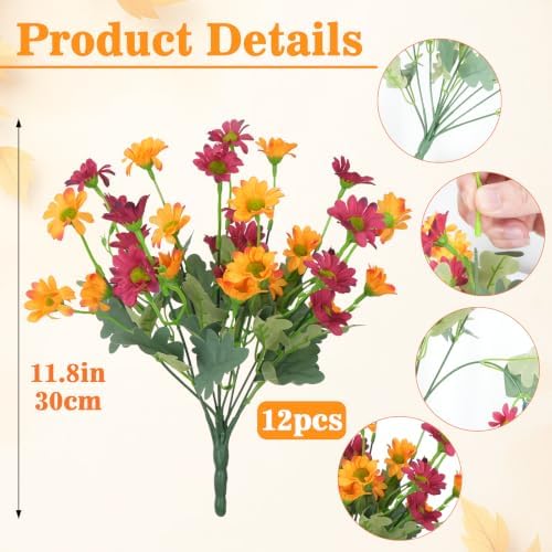 12 Bundles Fall Flowers Artificial, UV Resistant Faux Mums for Outdoors, alternate view 2