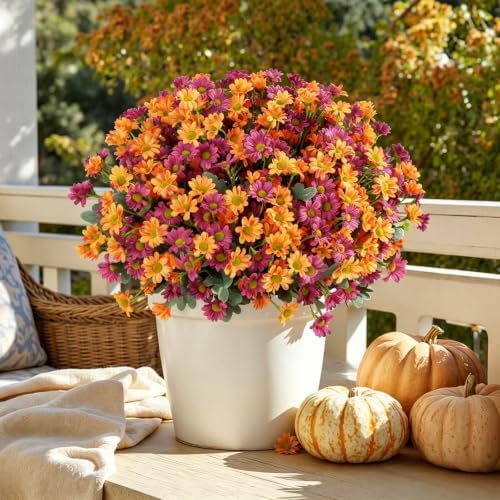 12 Bundles Fall Flowers Artificial, UV Resistant Faux Mums for Outdoors, alternate view 6