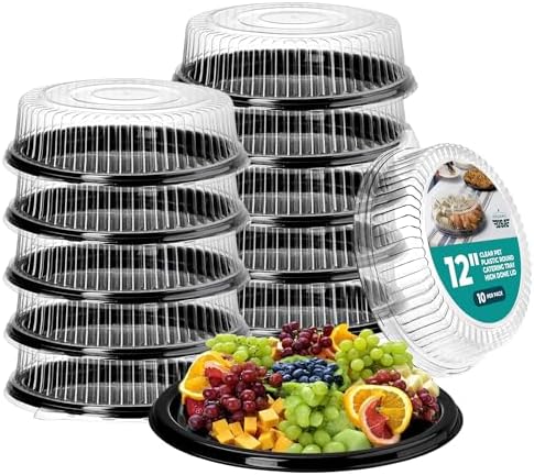 12" Catering Trays with Lids [10 Pack], Black Serving Tray with Clear Lid, Plastic Disposable Round Party Trays