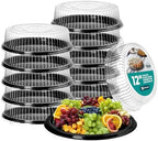12" Catering Trays with Lids [10 Pack], Black Serving Tray with Clear Lid, Plastic Disposable Round Party Trays