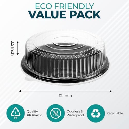 12" Catering Trays with Lids [10 Pack], Black Serving Tray with Clear Lid, Plastic Disposable Round Party Trays, alternate