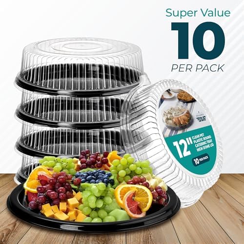 12" Catering Trays with Lids [10 Pack], Black Serving Tray with Clear Lid, Plastic Disposable Round Party Trays, alternate
