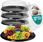 12" Catering Trays With Lids [3 Pack] - Black Serving Tray, Clear Lid, Plastic Disposable Round Party Platters