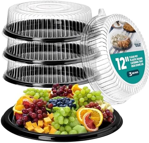 12" Catering Trays With Lids [3 Pack] - Black Serving Tray, Clear Lid, Plastic Disposable Round Party Platters