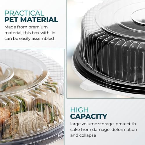 12" Catering Trays With Lids [3 Pack] - Black Serving Tray, Clear Lid, Plastic Disposable Round Party Platters, alternate