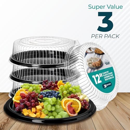 12" Catering Trays With Lids [3 Pack] - Black Serving Tray, Clear Lid, Plastic Disposable Round Party Platters, alternate