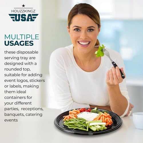 12" Catering Trays With Lids [3 Pack] - Black Serving Tray, Clear Lid, Plastic Disposable Round Party Platters, alternate