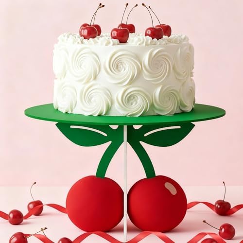 12" Cherry Cake Stand, Red Green Cherry Themed Party Decorations in Red and Green
