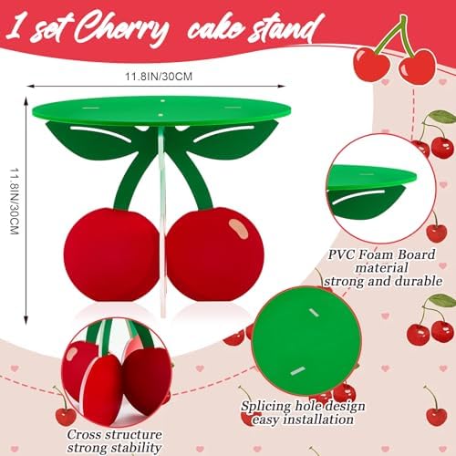 12" Cherry Cake Stand, Red Green Cherry Themed Party Decorations in Red and Green, alternate view 2