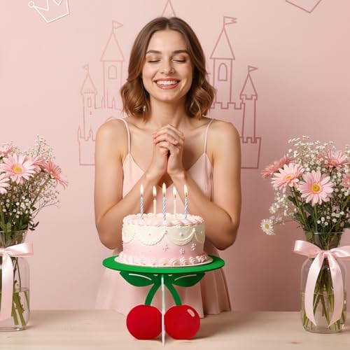 12" Cherry Cake Stand, Red Green Cherry Themed Party Decorations in Red and Green, alternate view 4
