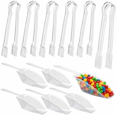 12 Combo Pack, 6 Clear Small Serving Tongs And 6 Clear Plastic Scoops For Candy Buffet Containers Set - Premium