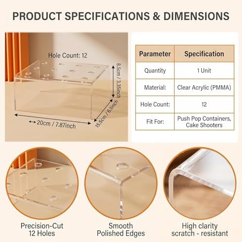 12 Hole Clear Acrylic Push Pop Cake Stand, Reusable Cake Pop Ice Cream Cone Holder Display Rack, Push Tube, alternate view 2