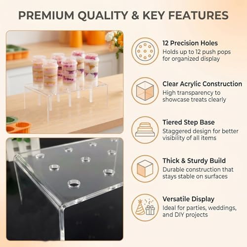 12 Hole Clear Acrylic Push Pop Cake Stand, Reusable Cake Pop Ice Cream Cone Holder Display Rack, Push Tube, alternate view 3