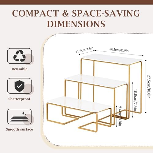 12 Inch 3 Tier Serving Tray Stand, White Acrylic Trays with Gold-Painted Iron Rack, Removable Tiered Dessert, alternate view