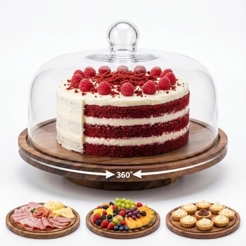 12 Inch Acacia Wood Cake Stand with Lid Rotating Cake Turntable with Glass Dome Lazy Susan Serving Platter for