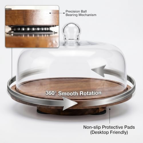 12 Inch Acacia Wood Cake Stand with Lid Rotating Cake Turntable with Glass Dome Lazy Susan Serving Platter for, alternate