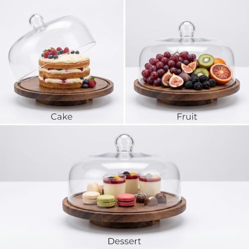 12 Inch Acacia Wood Cake Stand with Lid Rotating Cake Turntable with Glass Dome Lazy Susan Serving Platter for, alternate
