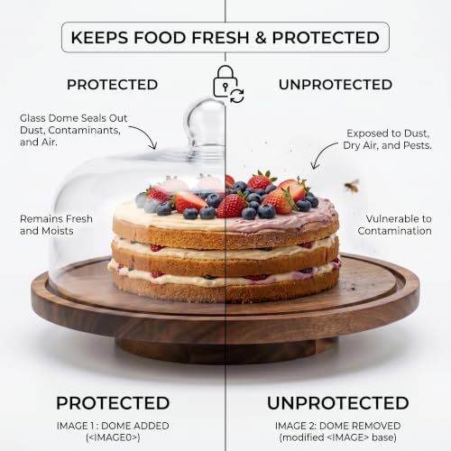 12 Inch Acacia Wood Cake Stand with Lid Rotating Cake Turntable with Glass Dome Lazy Susan Serving Platter for, alternate