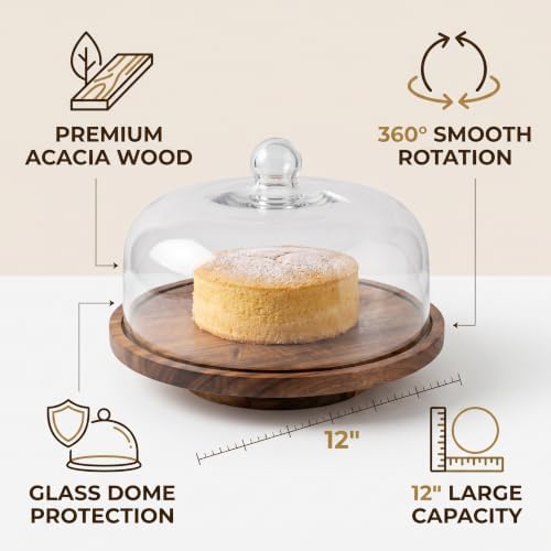 12 Inch Acacia Wood Cake Stand with Lid Rotating Cake Turntable with Glass Dome Lazy Susan Serving Platter for, alternate