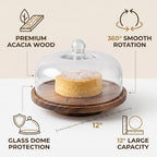 12 Inch Acacia Wood Cake Stand with Lid Rotating Cake Turntable with Glass Dome Lazy Susan Serving Platter for, alternate