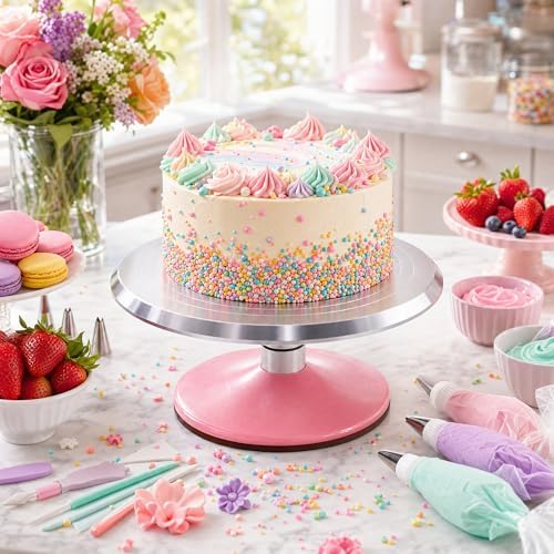 12-Inch Aluminum Alloy Cake Turntable, Rotating Cake Decorating Stand in Pink, alternate view 5