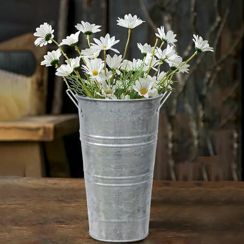 12 Inch High Galvanized Bucket Vase w/Handle 4Pcs White Metal Vases, alternate view 2